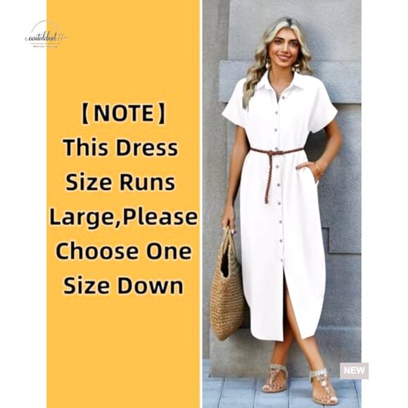 Summer Casual Long Shirt Dress with Pockets, Button Down, V-Neck - Picture 5 of 7